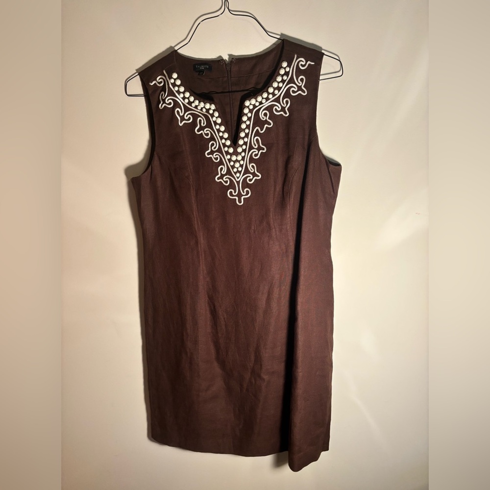 Talbots Brown Sleeveless Dress with White Embroider and beaded detailing